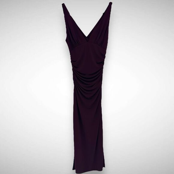 Cinq a Sept Lacey Ruched Dark Fig Crepe Midi Dress Size 6 Sleeveless Simple - Picture 2 of 12